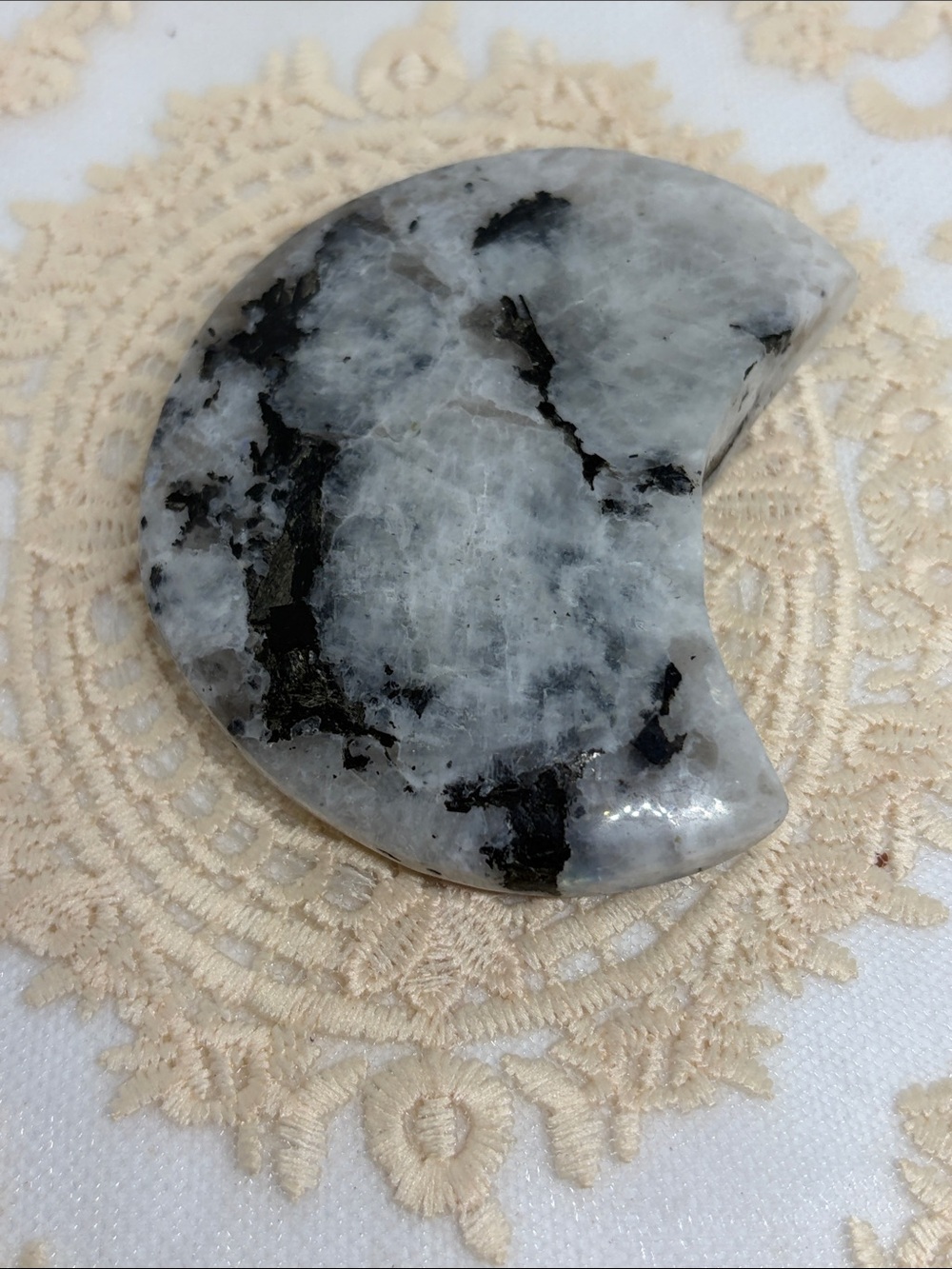 Rainbow Moonstone Crescent Moon with Black Tourmaline Witchy Luxe Crystal Decor